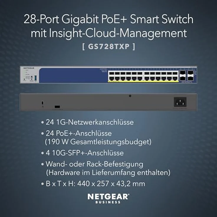 NETGEAR (GS728TXPV3) 24P GE POE+ SMART SWTH W/10G SFP+ Switch, Schwarz – Bild 3