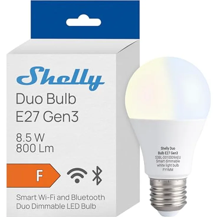 Shelly Duo Bulb E27 Gen3, WLAN Smart LED Glühbirne, 9W, 800lm, dimmbar, Farbtemperatur 2700K-6500K, Nachtmodus, Verbrauchsmessung, Sprachsteuerung, kein Hub erforderlich