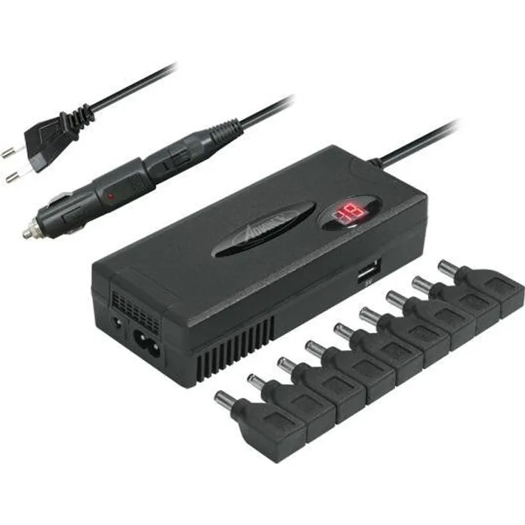 Advance Universelles Laptop-Ladegerät 110W (90W Nominal) mit 9 Aufsatzsteckern, USB-A-Anschluss und LED-Anzeige, Schwarz