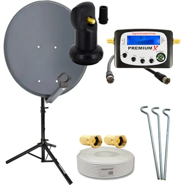 PremiumX Camping Satelliten-Komplettanlage 60cm Satellitenschüssel Anthrazit Single LNB Sat-Finder 10m Kabel F-Stecker Dreibein-Stativ