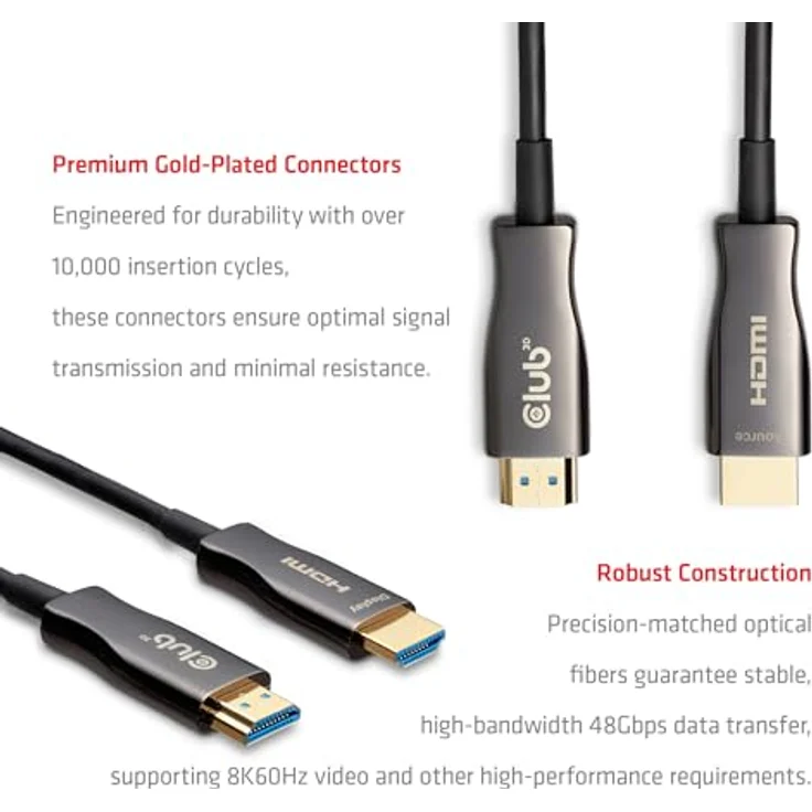 Club3D CAC-1392 HDMI™ Hybrid AOC Kabel, 30m, 8K60Hz/4K120Hz, unidirektional, schwarz, plenum-zertifiziert, 48 Gbit/s – Bild 5