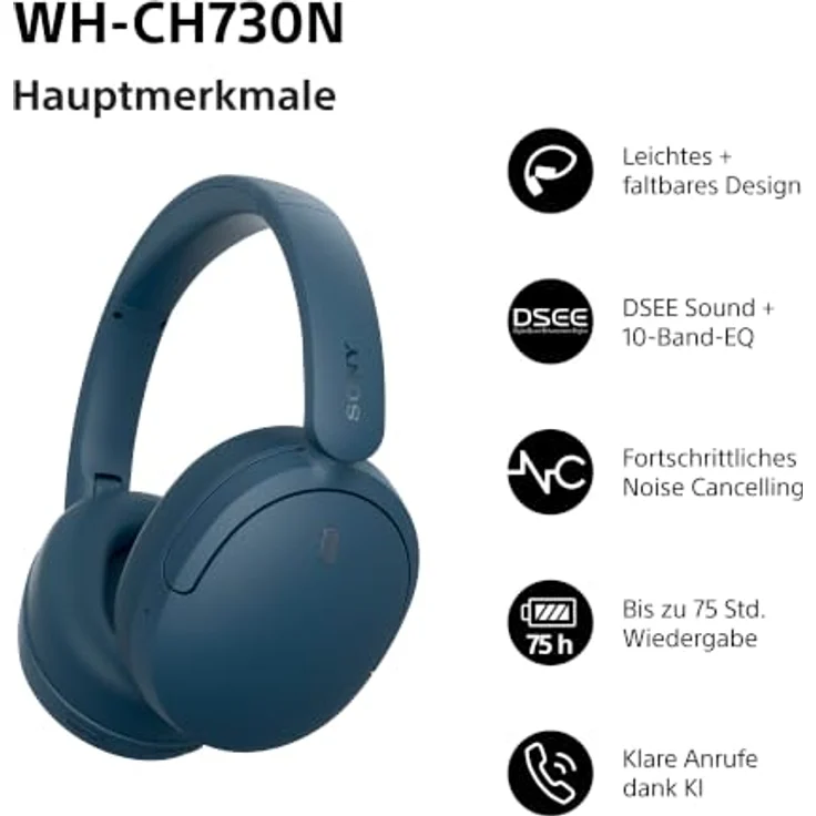 Sony WH-CH730N, Kabellose Kopfhörer mit Geräuschunterdrückung, Blau – Bild 2