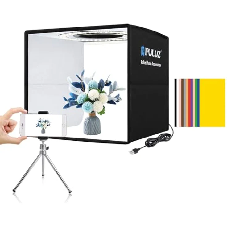 PULUZ Mini Lichtzelt Fotografie 25x25cm, Fotostudio Box mit 104 LED-Leuchten CRI >95 und 6 Doppelseitigen Farbhintergründen für kleine Produktfotografie – Bild 1