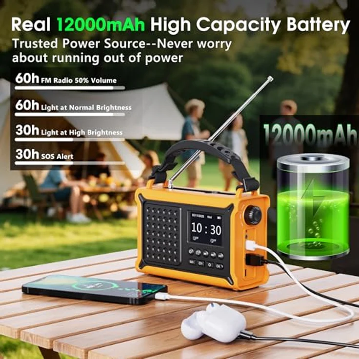 Mesqool DAB/DAB+/UKW Digitalradio, tragbares Solar-Notfallradio mit Bluetooth 5.0, 2,4" Farbdisplay, 12000 mAh Akku, Leselampe, USB Handyladefunktion, Dual Wecker, SOS-Alarm für Outdoor – Bild 6
