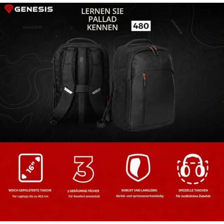 Genesis Pallad 480, Notebook-Rucksack für 40.6 cm (16 Zoll) Laptops, Schwarz – Bild 3