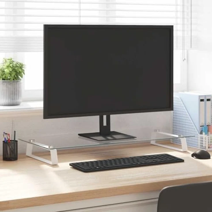 vidaXL Monitorständer, Monitorerhöhung aus Hartglas und Metall, ergonomisch mit Stauraum, Weiß 80x35x8cm – Bild 2