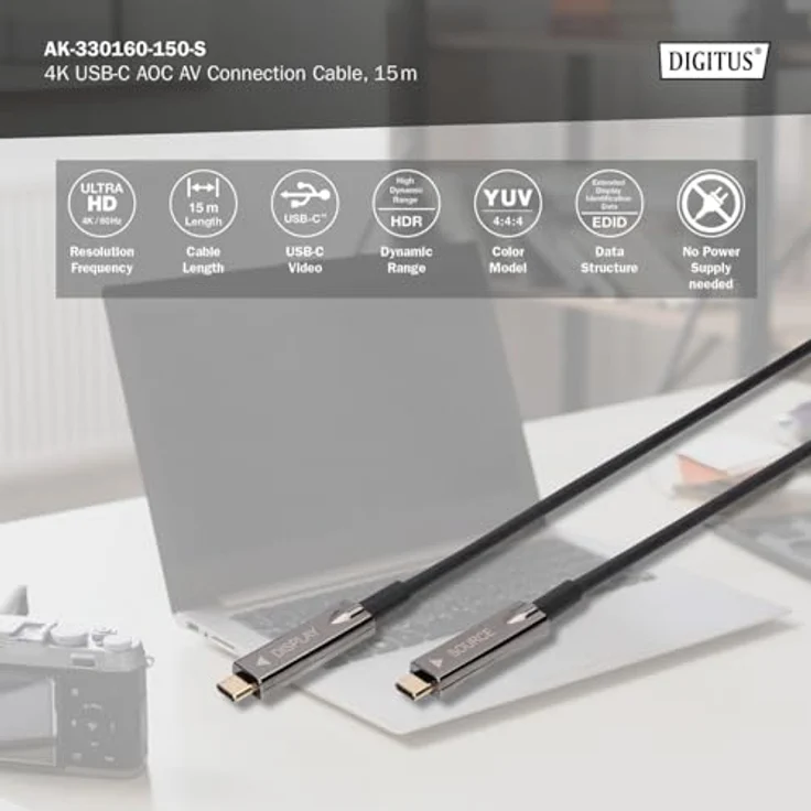 Digitus 4K USB Typ-C AOC AV-Anschlusskabel, 15 m, USB 3.2 Gen 1 für verlustfreie Video- und Audioübertragung bis 4K/60Hz – Bild 4
