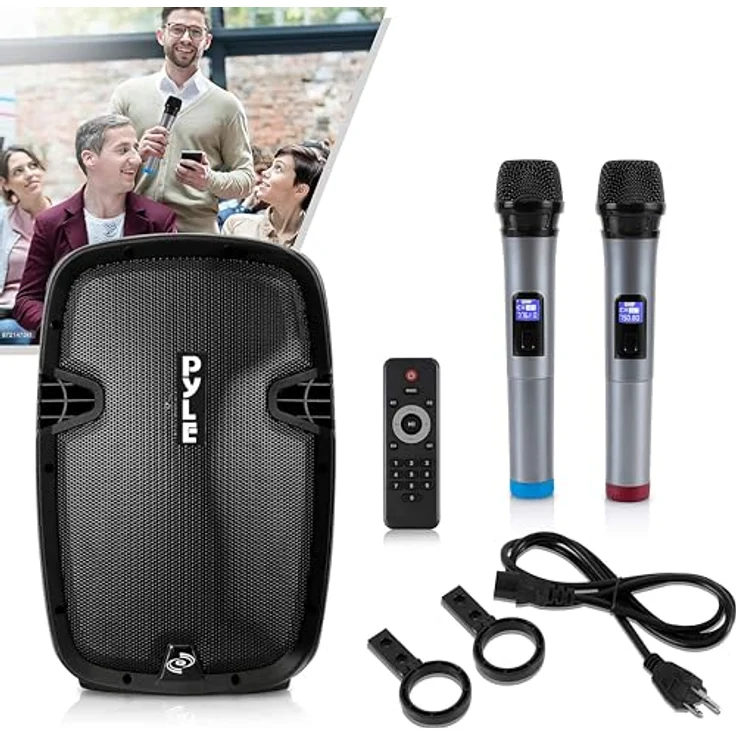 Pyle PA Anlage Komplettset, Bluetooth Musikbox 1000W mit 2 UHF Handmikrofonen und Fernbedienung, schwarz – Bild 2