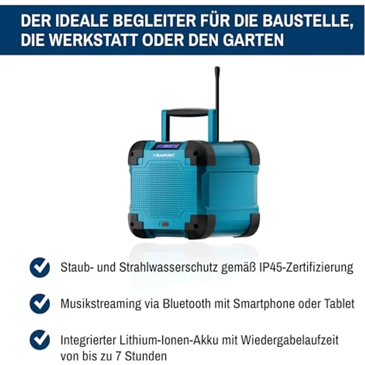 Blaupunkt BSR 40 Baustellen Radio, Bluetooth 5.3, IP45 Staub- & Wasserschutz, 5W RMS Sound, Akku bis 7 Std, kompakt & leicht – Bild 3
