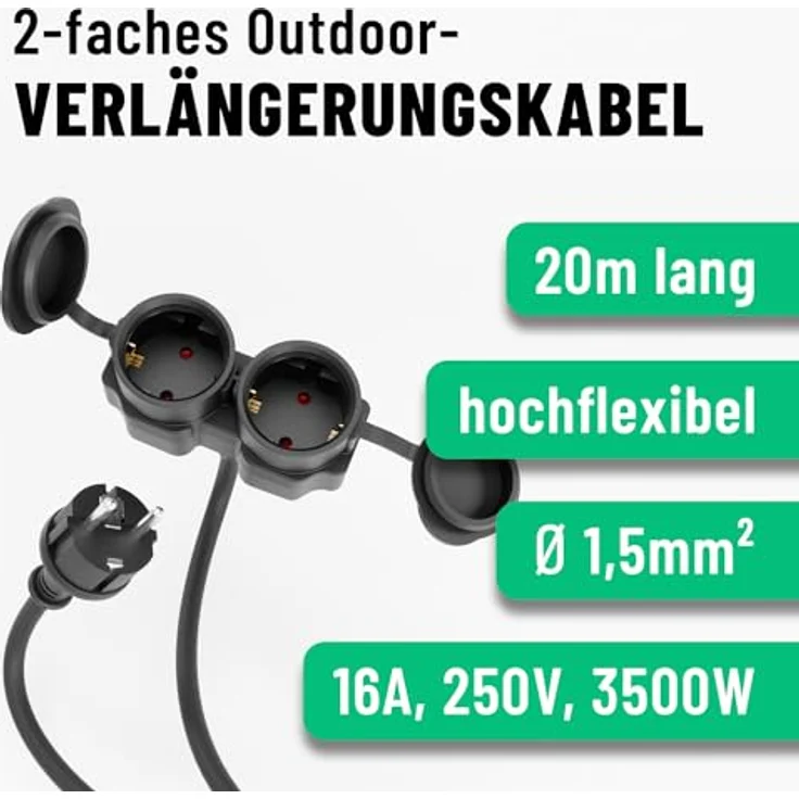 greate 2fach Verlängerungskabel außen 20 Meter - IP44 wasserdicht - 3500W - Schwarz – Bild 2