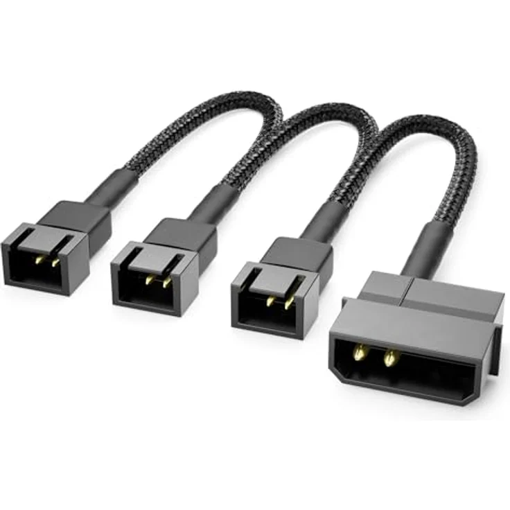 deleyCON 20cm 4-Pin Molex 12V auf 3x3-Pin Lüfterkabel - Lüfteradapter Schwarz, flexible 20cm Verlängerungskabel – Bild 1
