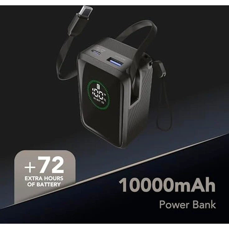 Cellularline Power Bank Roller 10000 mAh, Tragbare Powerbank mit 45 W Ausgang und einziehbarem USB-C-Kabel, Schwarz – Bild 2