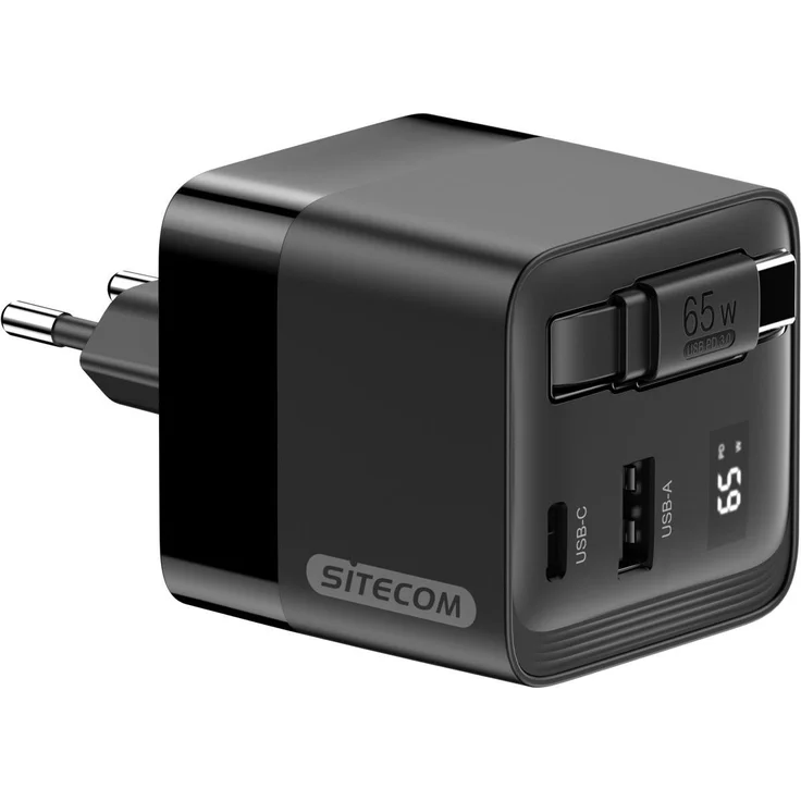 Sitecom 65W GaN Power Delivery Netzadapter mit integriertem 0,8m USB-C Kabel, schwarzer Wandladegerät