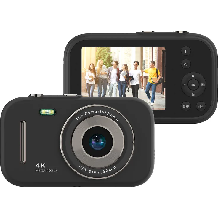 Douself 4K-Digitalkamera, tragbare Videokamera mit 48 MP, 16-fachem Zoom, 2,8 Zoll IPS-Bildschirm, schwarzes Design, ideal als Geschenk für Teenager und Studenten