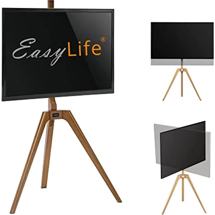 EasyLife - TV Stativ Holz Staffelei Tripod - Studio TV Stand bis 65'' Zoll & 40 kg Fernseher/Monitor, schwenkbar, höhenverstellbar, Kabel Management, VESA bis 400x400 (Weiß/Nussbaum) – Bild 1
