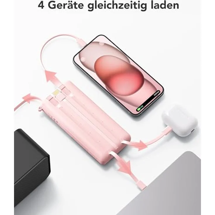 VRURC Powerbank 20000mAh, 22.5W Schnellladung, tragbares Ladegerät mit 4 Kabeln und LED Display, rosa – Bild 5