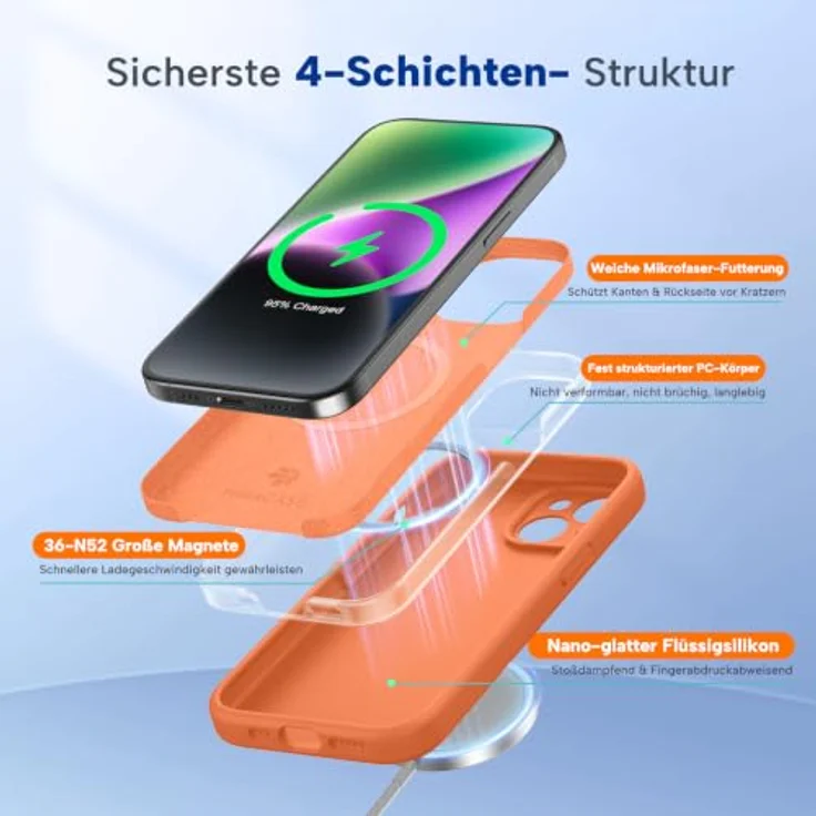 miracase Hülle für iPhone 14 mit MagSafe, stoßfeste Flüssigsilikon-Hülle mit weichem Mikrofaser-Innenfutter, Amber Orange – Bild 5