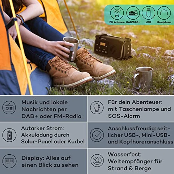 Auna Patagonia DAB+ Outdoor-Radio, DAB/DAB+ und FM, Solar-Akku, wasserdicht, mit Taschenlampe und Notfall-Sirene – Bild 2