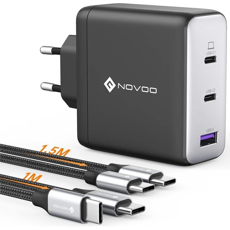 NOVOO 120W USB-C PD Laptop-Ladegerät mit 2x PD 100W-Kabel, kompakt, schnellladend für Laptops, Tablets und Handys