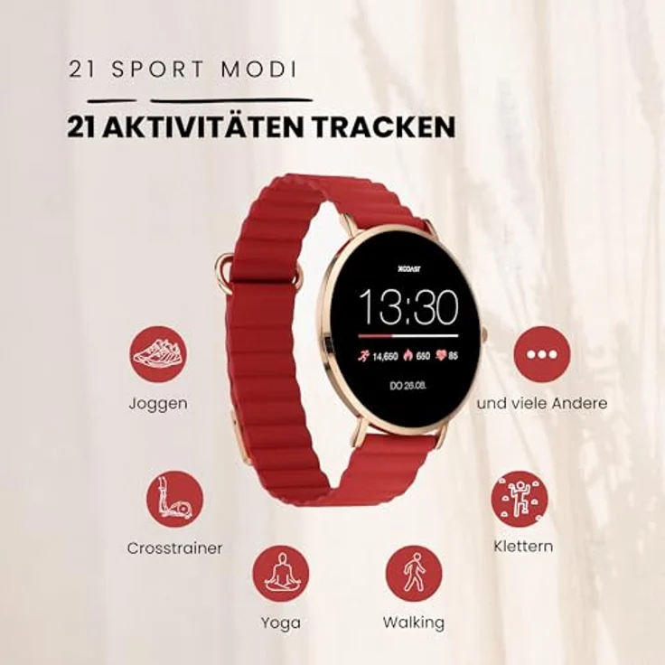 XCOAST SIONA 2 Wave Rot Smartwatch, 1,3" AMOLED, Wasserdicht, Puls, Blutdruck, Blutsauerstoff, 21 Sportmodi, 7 Tage Akku, iOS & Android – Bild 2