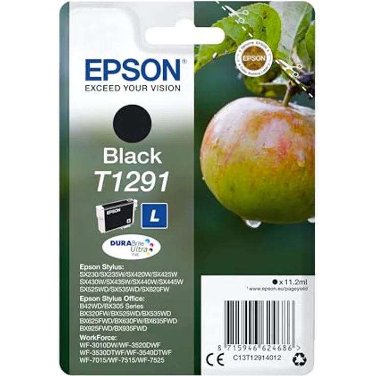 Epson Original T1291 Apfel Tinte (SX420W BX320FW SX620FW BX-SX525WD BX625FWD BX305FW B42WD BX925FWD BX635FWD BX535WD SX435-440W BX630FW SX235W WF7015 7515 7525 3010 3520 3540) schwarz – Bild 2