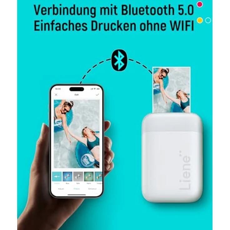 Liene 2x3'' Mini Fotodrucker Smartphone, Mini Tragbarer Sofortbilddrucker mit 5 Zink Klebepapier, Bluetooth 5.0, Kompatibel mit IOS & Android, Kleiner Handy Fotodrucker für iPhone - Weiß – Bild 2