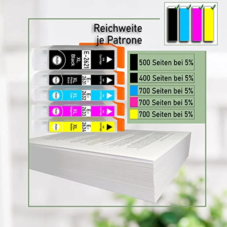Druckerparadies 12er Multipack für Epson 26XL Tintenpatronen Set - Hohe Kapazität, Schwarz, Fotoschwarz, Cyan, Magenta, Gelb, 25ml Schwarz, je 15ml Fotoschwarz, Cyan, Magenta, Yellow - XP510 XP520 XP600 XP605 XP610 XP615 XP620 XP625 XP700 XP710 XP720 – Bild 5