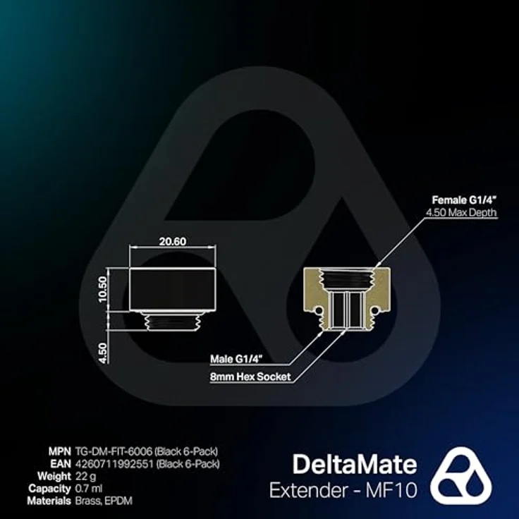 Thermal Grizzly DeltaMate Extender MF10-6er Pack, Verlängerungsfitting 10mm, schwarz, CNC-gefrästes Messing mit G1/4 Zoll Gewinde für modulare Wasserkühlungen – Bild 5