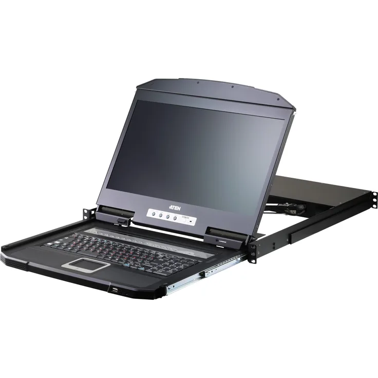 Aten CL3116NX KVM-Switch 16-Port mit 18,5"-LCD-Konsole (PS/2-USB, VGA), Schwarz, CH-Layout, kompaktes Rack-Montagegehäuse