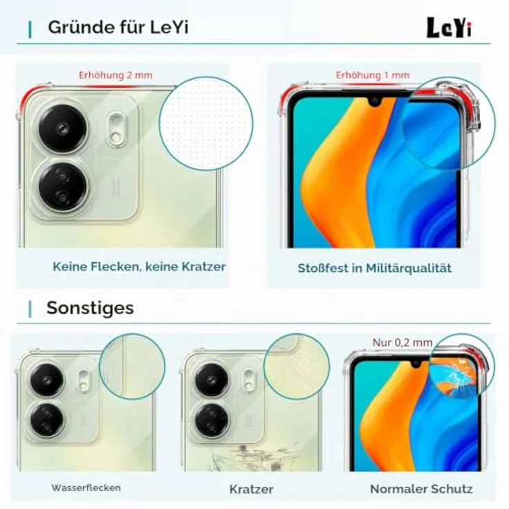 LeYi Hülle für Xiaomi Redmi 13C 4G, Transparente TPU Silikon Schutzhülle mit 2 Schutzfolien, Stoßfest und Dünn, Kameraschutz, Crystal Clear Cover Case – Bild 5