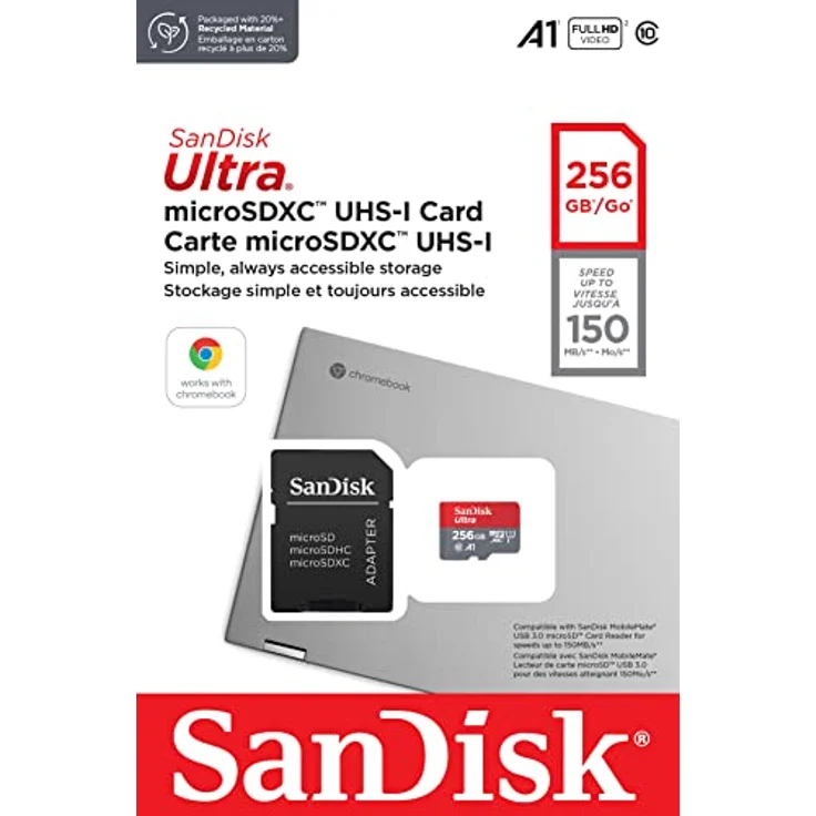Sandisk microSDXC Ultra, Speicherkarte (256 GB, Class 10, 150 MB/s Lesegeschwindigkeit) + SD-Adapter, Chromebooks – Bild 3