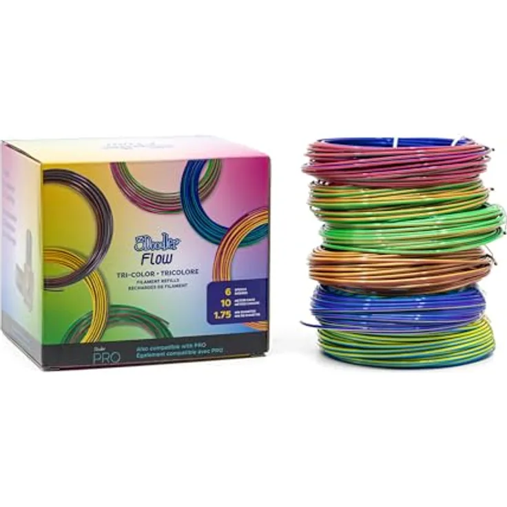 3Doodler Flow-Trifills (260 g), 3D Filament in Gold, Blau, Rot, Grün, Schwarz, Violett und Kupfer, kompatibel mit 3D-Druckern und Stiften