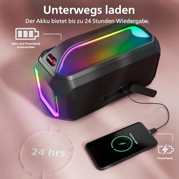 Philips TAS7000EB, Kabelloser Bluetooth-Lautsprecher mit 100 W, Bass+, LED-Lichtshow, IP67, 24 Std. Wiedergabe, Powerbank, Mikrofoneingang – Schwarz – Bild 4