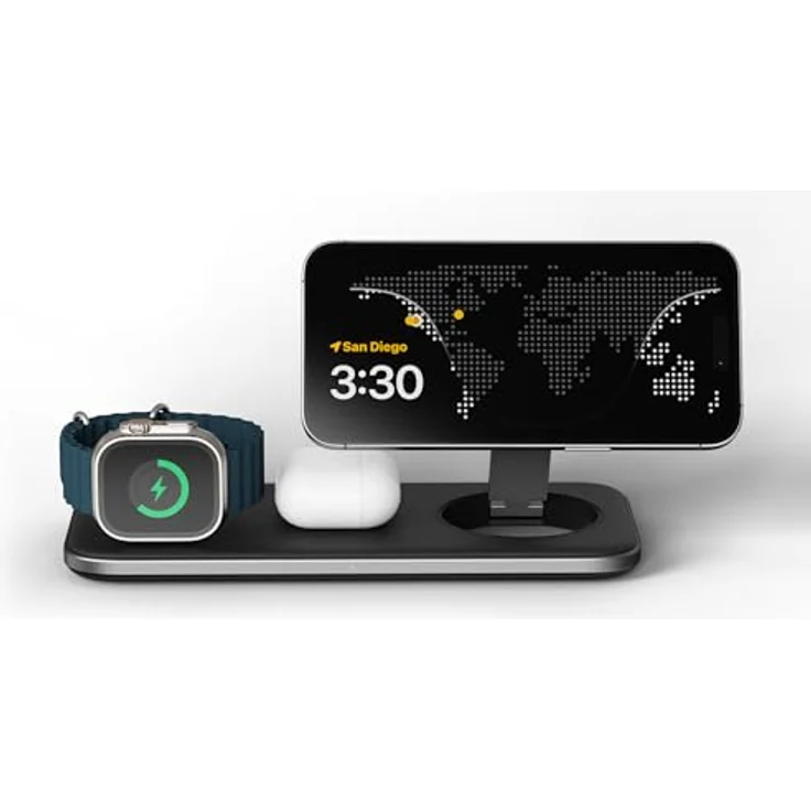SATECHI Qi2 Trio Wireless Charging Pad, 3-in-1 Ladestation, 15W Schnellladegerät für iPhone 16/15/14/13/12, AirPods und Apple Watch, Aluminium – Bild 1