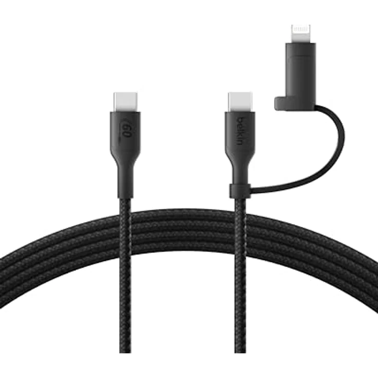 Belkin BoostCharge Pro, Multifunktions-USB Kabel 2-in-1 mit USB-C und Lightning Connector, 1,5m, Schwarz, 60W Schnellladung, Datenübertragung bis 480 Mbps – Bild 1