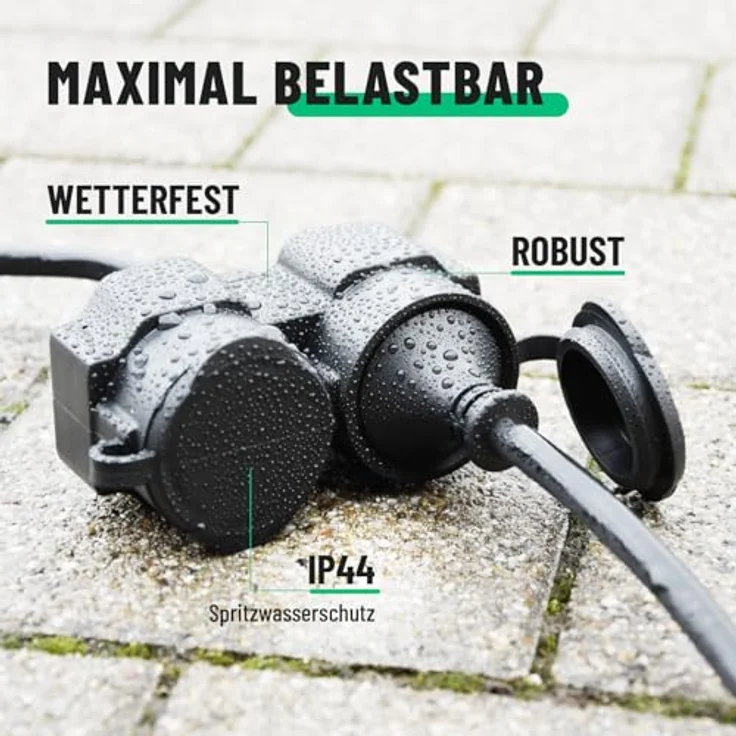 greate. 2fach Verlängerungskabel 10m - wasserdicht, Mehrfachsteckdose, 3500 W Verlängerungskabel, (1000 cm) - schwarz – Bild 5