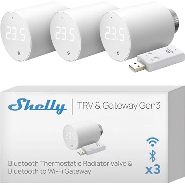 Shelly Blu TRV & Blu Gateway Gen3 - Bluetooth Smartes Heizungsthermostat für Temperaturregelung, mit Bluetooth-WLAN-Gateway, Heizungsregler für alle Ventile, App-Funktion (3 Pack)