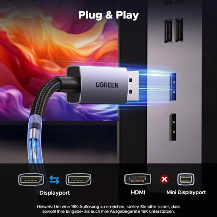 UGREEN 16K DisplayPort Kabel 2.1, 80Gbps mit HDR, G-Sync, FreeSync, 1M, kompatibel mit 16K@60Hz, 8K@120Hz, 4K@240Hz für PC und Gaming Monitor – Bild 5