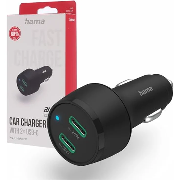 Hama Auto Ladegerät, Kfz Schnellladegerät 45 Watt USB C Power Delivery (2 Port Zigarettenanzünder Ladestecker für Smartphone, Mehrfach Ladeadapter mit PD, unterstützt Qualcomm Quick Charge) schwarz – Bild 2