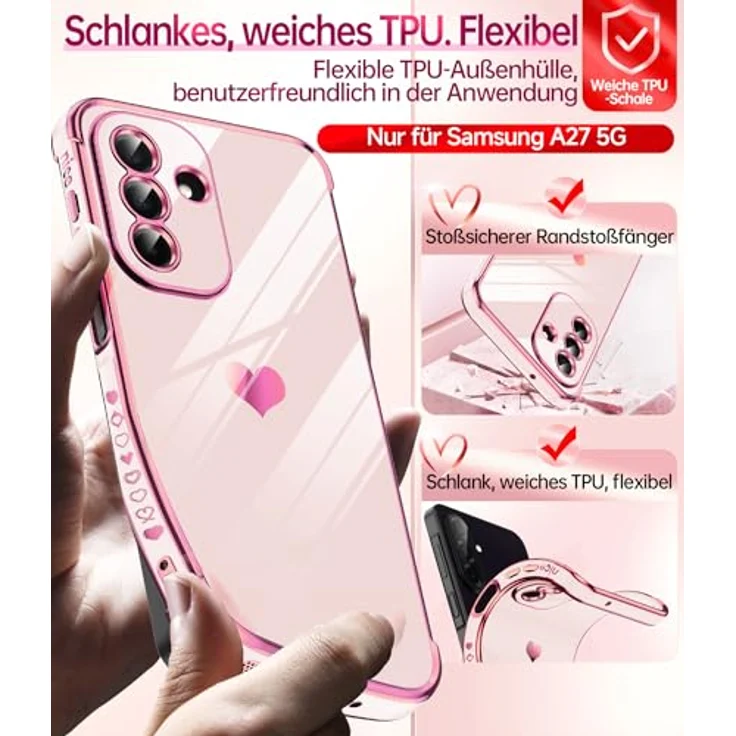 LeYi Handyhülle für Samsung Galaxy A27 5G, TPU Silikon mit Herz Muster, stoßfest, kratzfest, rosa mit Schutzfolie – Bild 3