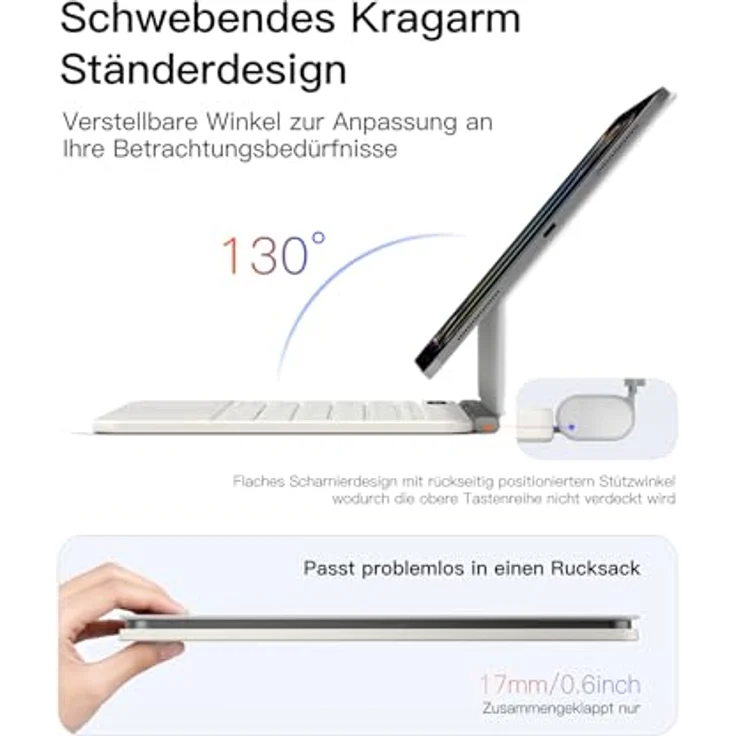 Inateck NeoMagic Magnetische Tastatur für iPad 11" M4/M3/M2, Air 5/4, Pro 11, mit großem Trackpad, LED-Anzeige, 7-farbig hinterleuchtet, QWERTZ, inklusive Stifthalter – Bild 3
