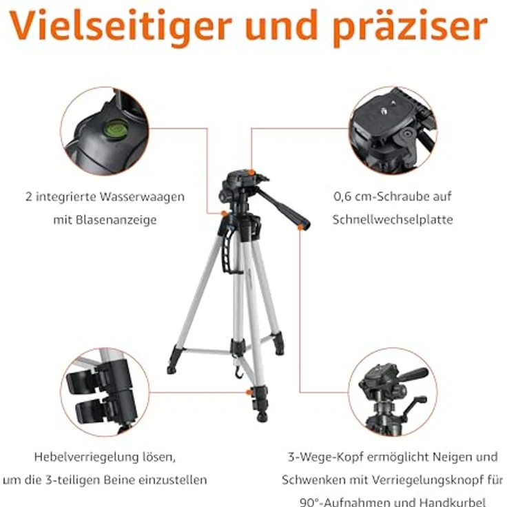 AmazonBasics Leichtes Stativ, bis 1,52 m, inkl. Tasche, mit 3-Wege-Schwenkkopf und Wasserwaage – Bild 2