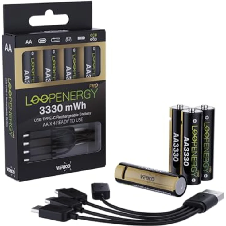 VERICO LoopEnergy Pro AA 3330 Wiederaufladbare USB-C Batterie 4er Pack, Schnellladung in 2 Stunden, Li-Ion Akku, 1,5V 3330mWh (2220mAh), inkl. USB-C Kabel - VERICO – Bild 3