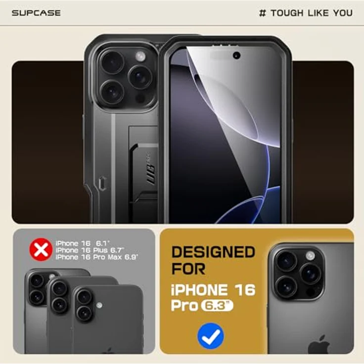 SUPCASE iPhone 16 Pro Hülle 6.3” [Unicorn Beetle Pro] Outdoor Handyhülle mit Displayschutz, Ständer und Gürtelclip (Schwarz) – Bild 2