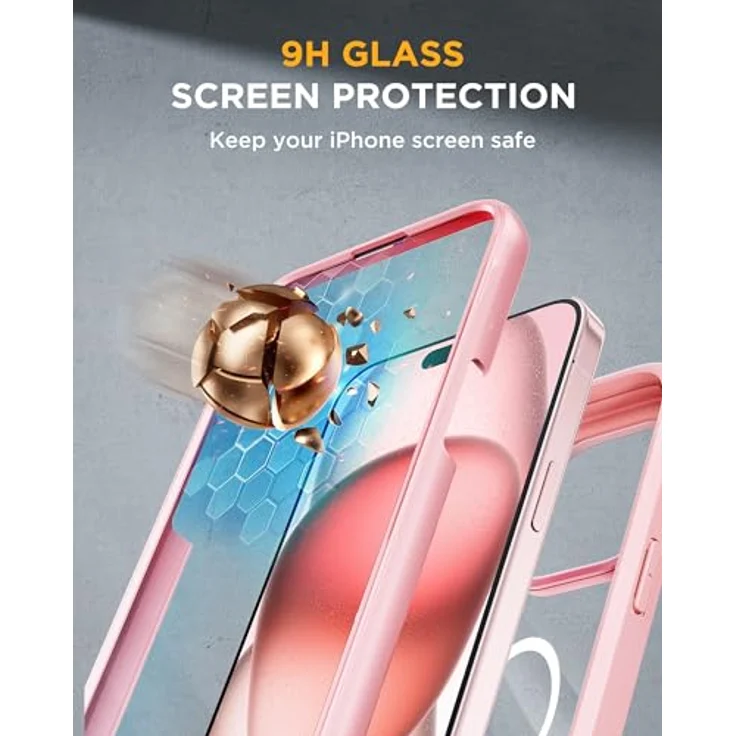 Miracase 360 Grad Hülle für iPhone 15, Magnetisch mit 9H-Glas Schutzfolie und Kameraschutz, Rosa, Stoßfest und Komplettschutz, 6,1 Zoll – Bild 3