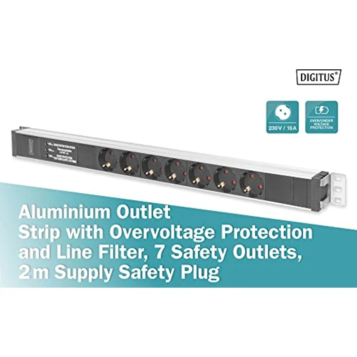 DIGITUS 19'' Steckdosenleiste, 7 Abgriffe, 1HE, 250VAC, 50-60Hz, 16A, 4000W, mit Überspannungsscchutz & Frequenzfilter – Bild 4