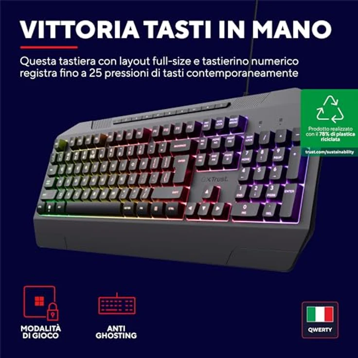 Trust Gaming GXT 836 Evocx, Tastiera Gaming Layout Italiano QWERTY, aus 78% recyceltem Material, Doubleshot-PBT-Tastenkappen, integrierter Speicher und Beleuchtungsvoreinstellungen – Bild 2