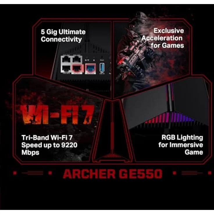 TP-Link Archer GE550 Wi-Fi 7 Gaming Router Tri-Band BE9300, 9220 Mbit/s, 2 × 5 Gbps-Port + 3 × 2,5 Gbps-Port, MLO, dedizierter Gaming-Anschluss, dediziertes Spiele-Panel, RGB-Beleuchtung – Bild 4