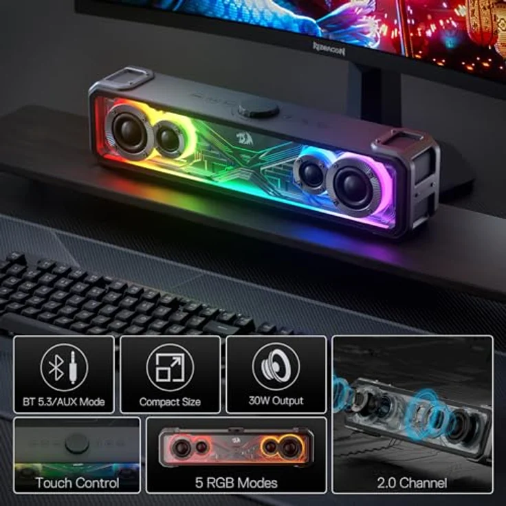 Redragon GS817 SURGE, PC Lautsprecher mit 30-Watt Stereo Sound, Bluetooth und RGB-Beleuchtung, Schwarz – Bild 7