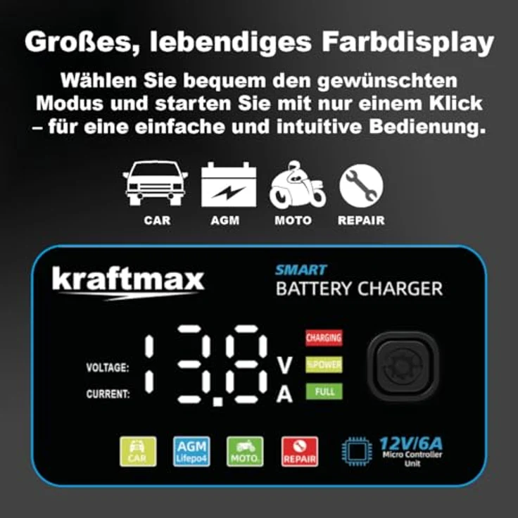 Kraftmax BC-360, 12V Batterieladegerät mit 6A Ladestrom für AGM, GEL, SLA, Nass-, Deep-Cycle- und LIFEPO4-Batterien – Bild 4